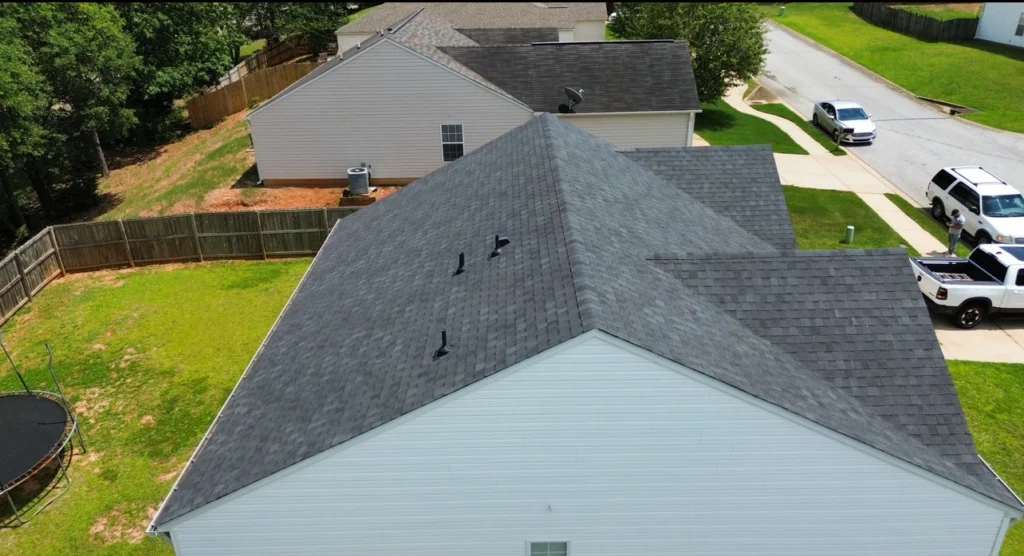 Aerial view of new construction roofing in a South Carolina residential subdivision