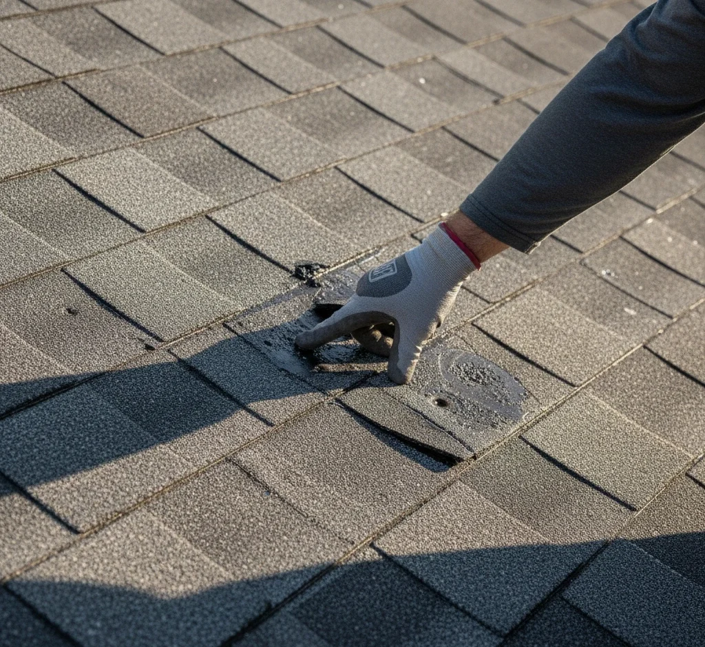 Roofer inspecting leak damage on a residential roof