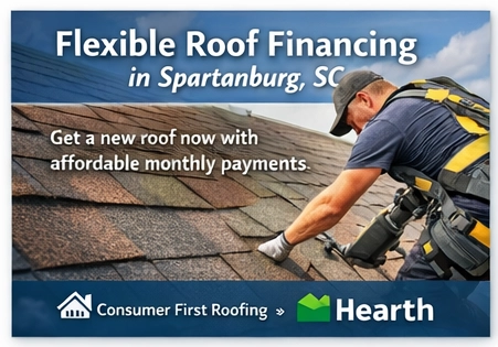 Flexible roof financing in Spartanburg SC showing a roofer installing asphalt shingles with monthly payment options through Hearth