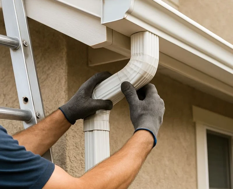 Technician installing downspout elbow on white gutter system