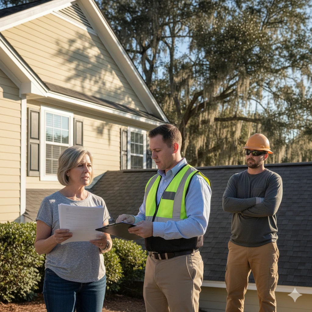 Homeowner meeting insurance adjuster for roof claim in Spartanburg SC