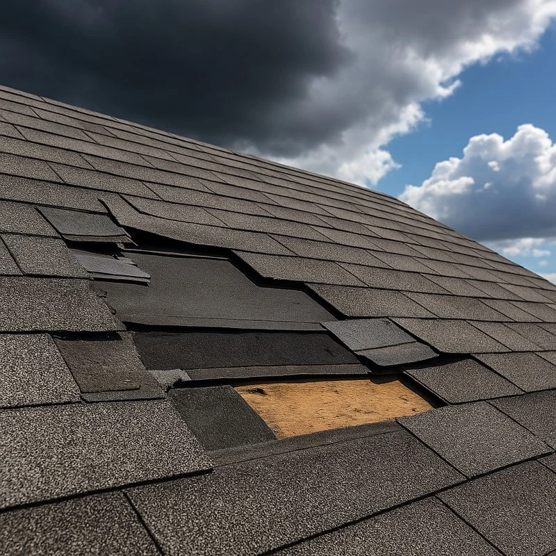 Damaged Spartanburg roof with missing shingles and storm clouds overhead. roof leak repair