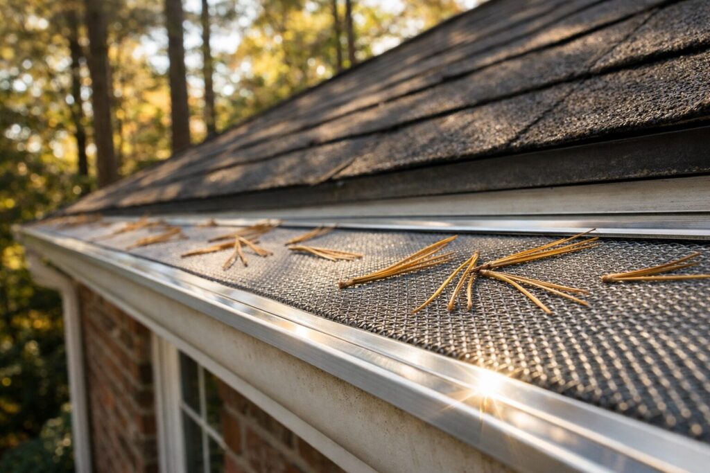 Close-up of micro-mesh gutter guards installed along a brick home&rsquo;s roofline, with scattered pine needles on the mesh and warm autumn sunlight creating soft shadows and a small lens flare on the aluminum edge.