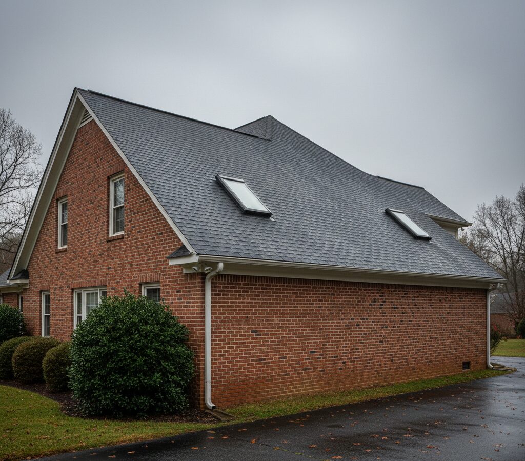 Vented skylight installation Spartanburg SC on a two-story brick colonial home after rain with moisture visible on the roof surface