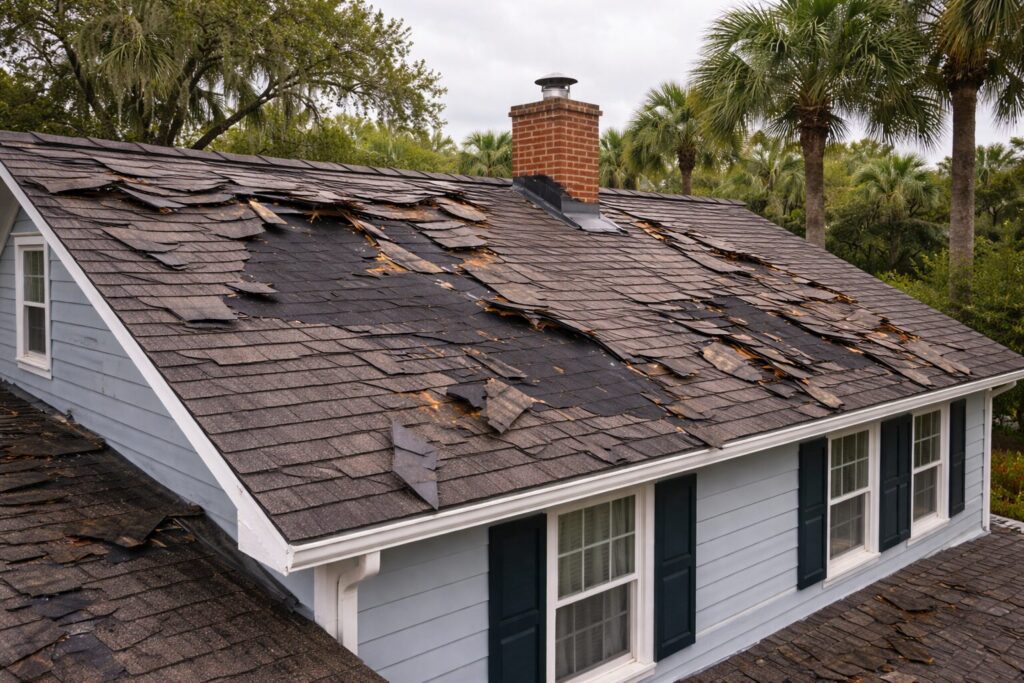 Severely damaged asphalt shingle roof on Charleston home after storm, photographed for roof insurance claim documentation.