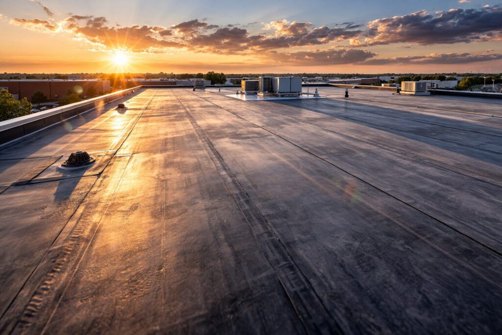 Flat roof repair view of a large commercial EPDM rubber roof at golden hour with long shadows and rooftop equipment in the distance.