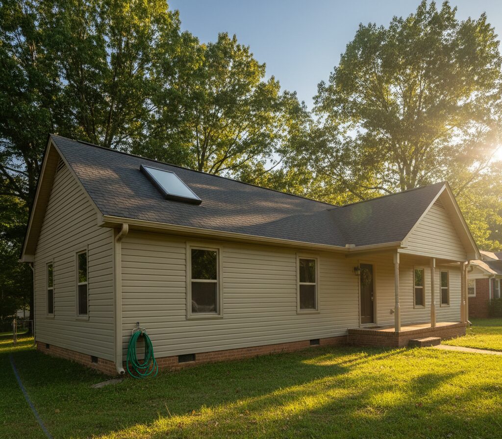 Skylight installation Spartanburg SC on a craftsman-style home during golden hour showing a fixed skylight flush on the roof slope