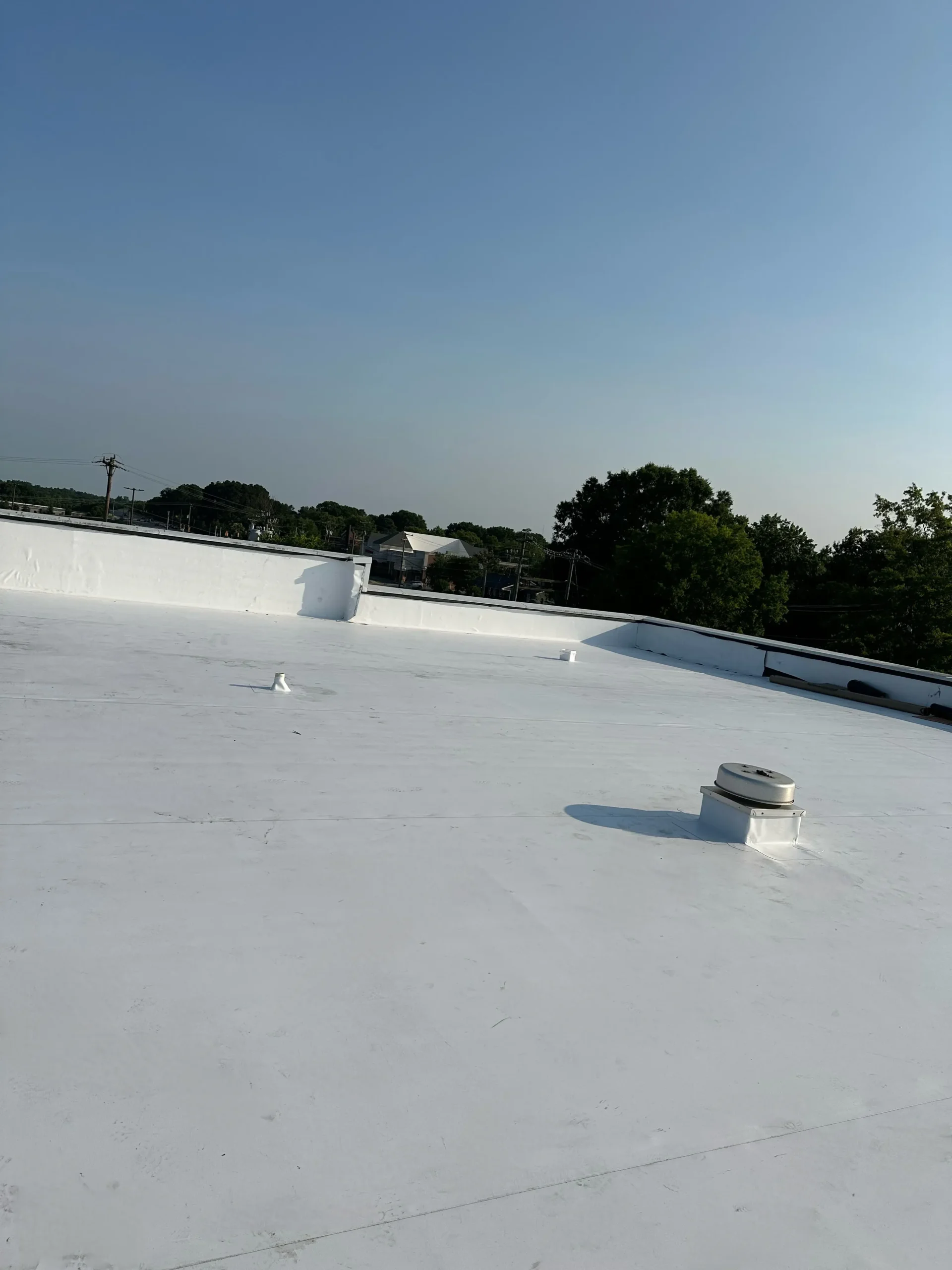 Flat white rooftop under a clear blue sky with distant trees.